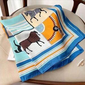New Equestrian Print Scarf in Blue, Turquoise & Gold
